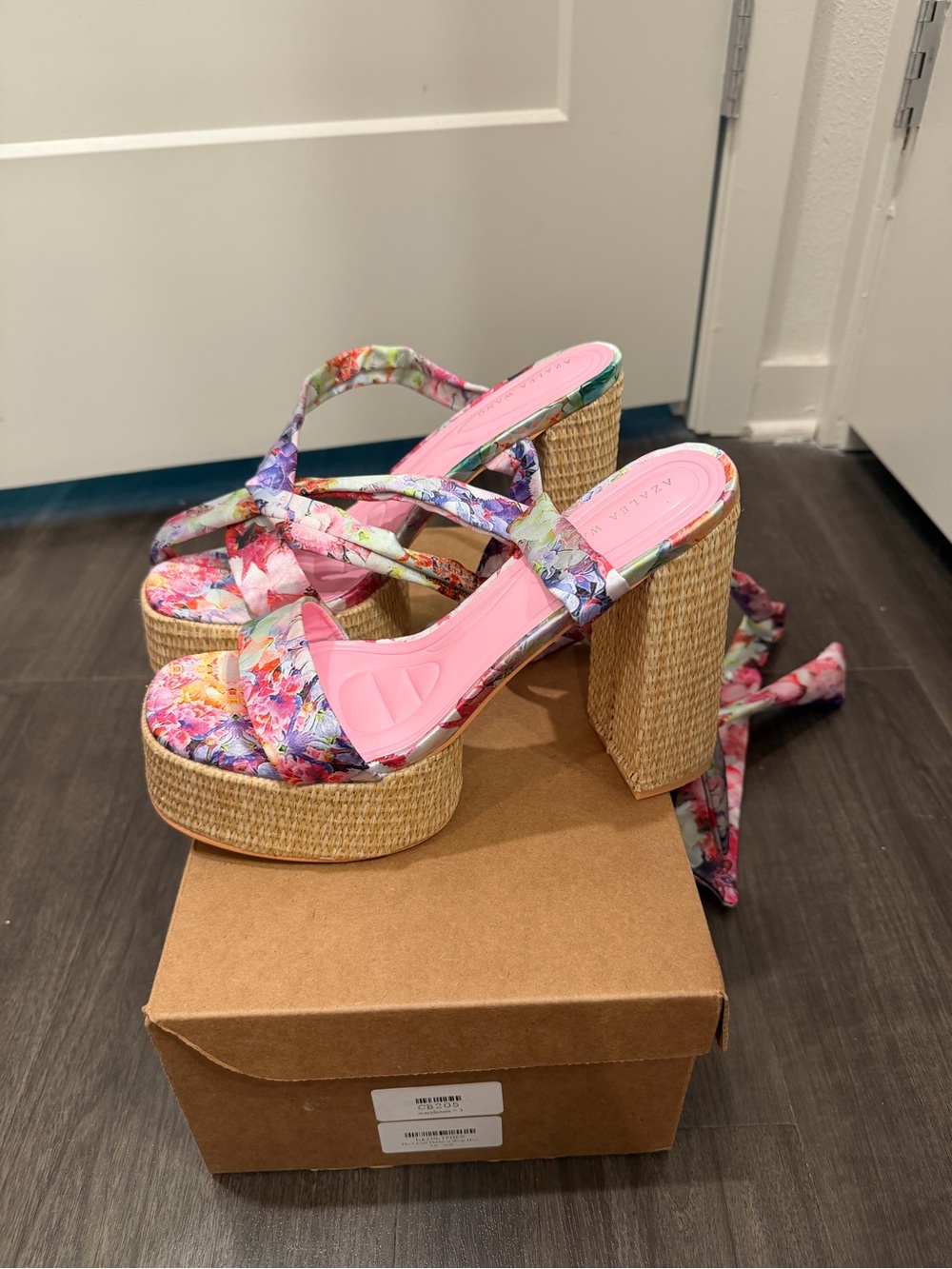 Floral Pink Platform Espadrille Heels with Ankle Wrap - Picture 2 of 2